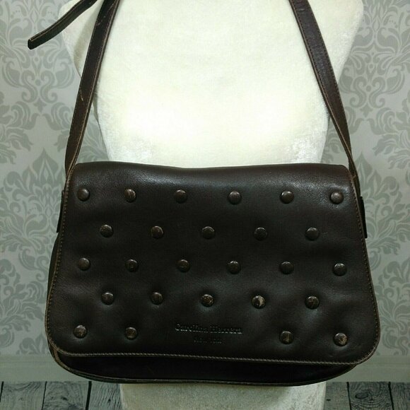 Carolina Herrera New York Brown Leather Flap Bag Handbag Polka Dot Shoulder Bag - Picture 1 of 12